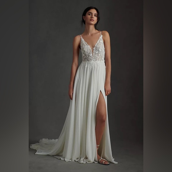 BHLDN Dresses & Skirts - BHLDN Jenny by Jenny Yoo Kelsey Chiffon & Lace V-Neck A-Line Wedding Gown